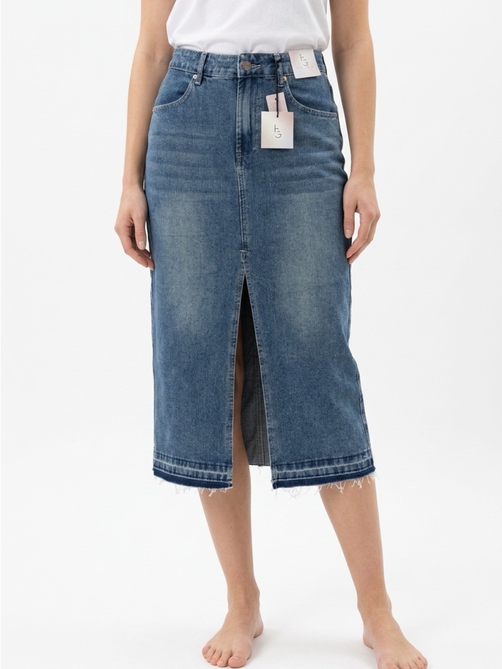 Happily Grey Juniors 5/26 Denim Jean Front Slit Maxi Skirt Raw Hem